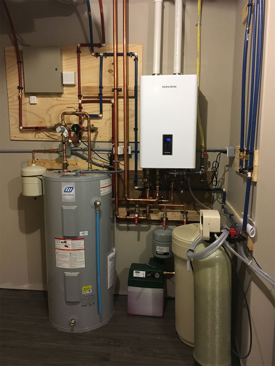 tankless water heater with water softener treatment filtration system
